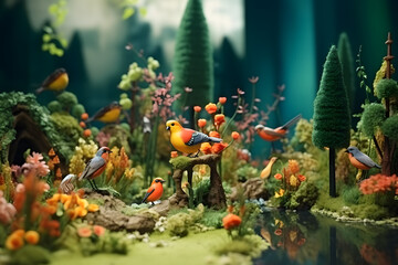 Abstract colorful forest with trees, deers and birds made of paper. Generative AI