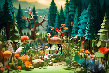 Abstract colorful forest with trees, deers and birds made of paper. Generative AI