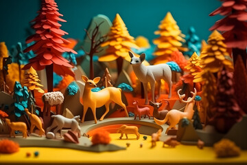 Abstract colorful forest with trees, deers and birds made of paper. Generative AI