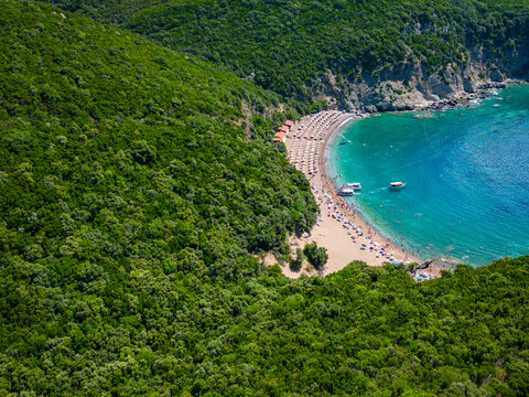 Queen's Beach ( Kraljichina Beach ) in Canj, Montenegro. Aerial view of paradise tropical beach, surrounded by green hills. Montenegro. Balkans. Europe.