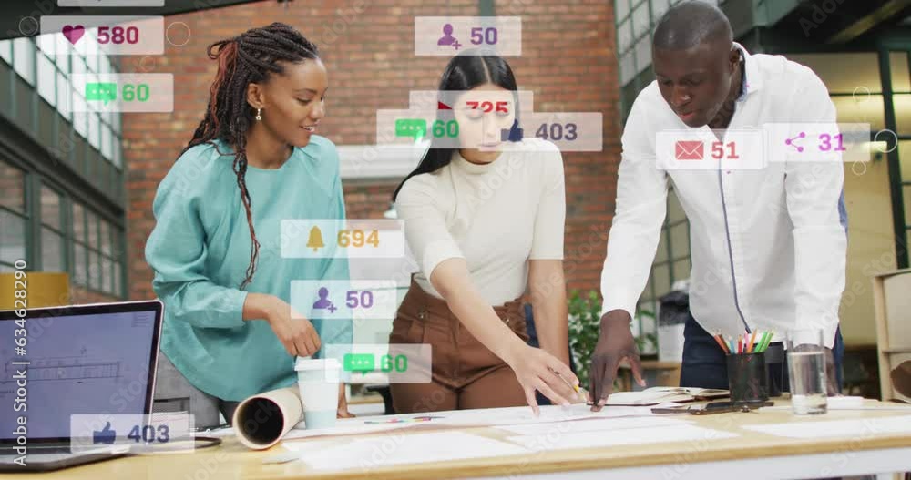Aufkleber animation of icons and changing numbers in notification bars, diverse coworkers discussing blueprint