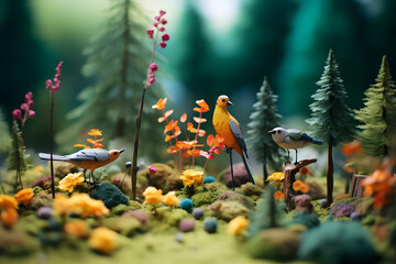 Abstract colorful forest with trees, deers and birds made of paper. Generative AI