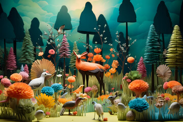 Abstract colorful forest with trees, deers and birds made of paper. Generative AI
