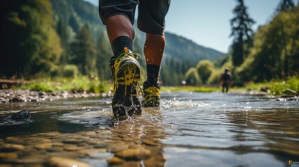A person wearing hiking shoes walking through a stream. Generative AI image. - Powered by Adobe