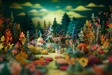 Abstract colorful forest with trees, deers and birds made of paper. Generative AI