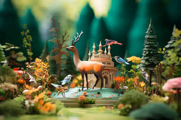 Abstract colorful forest with trees, deers and birds made of paper. Generative AI