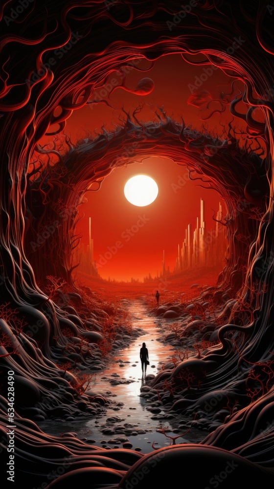 Aufkleber a man walking through a tunnel with a red sun in the background. generative ai image.