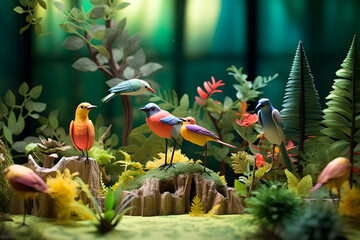 Abstract colorful forest with trees, deers and birds made of paper. Generative AI