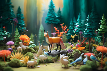 Abstract colorful forest with trees, deers and birds made of paper. Generative AI