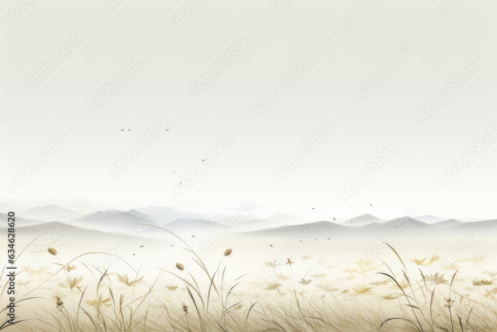 Poster an illustration of a field with grass and mountains. generative ai image.