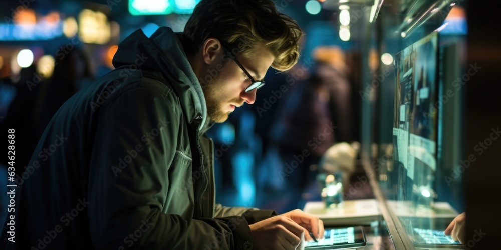 Aufkleber a man in a dark jacket is using a tablet. generative ai image.