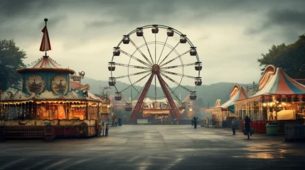 Foto auf Acrylglas Old carnival with a ferris wheel on a cloudy day © Data