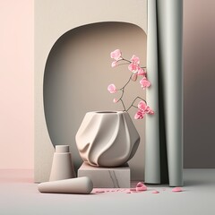 Pink stone vase featuring pink flowers and a curtain, creating an elegant backdrop for showcasing cosmetics