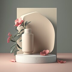 Pink stone vase featuring pink flowers and a curtain, creating an elegant backdrop for showcasing cosmetics