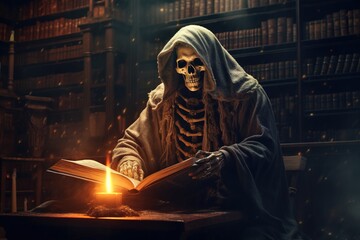 A lone skeleton grim reaper reading a dusty ancient book of death in a dimly lit library and ghostly whispers filling the air - halloween theme