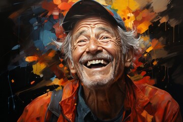  A painting of a happy old man with colorful paint.