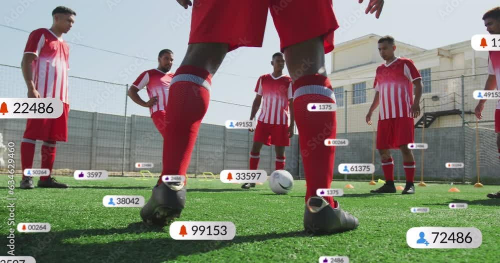 Poster animation of multiple notification bars over diverse soccer player doing passing drill on ground