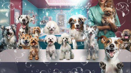 Group of dog gets hair cut at Pet Spa Grooming Salon. Australian shepherd in bath with bubbles, young groomer holding dog in the salon full of other dogs, haircut, comb the hair. Space for copy