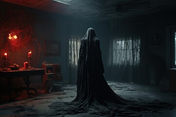 fictional horror movie scene with demon - scary creepy halloween theme