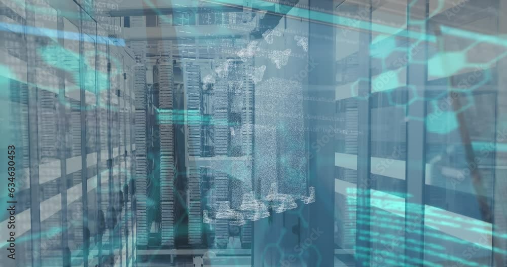 Poster animation of 3d abstract pattern, molecule structures and computer language over server room