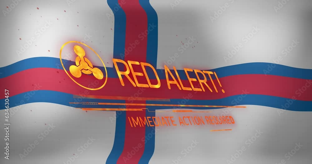 Poster animation of abstract symbol and red alert, immediate action required text over faroe islands flag