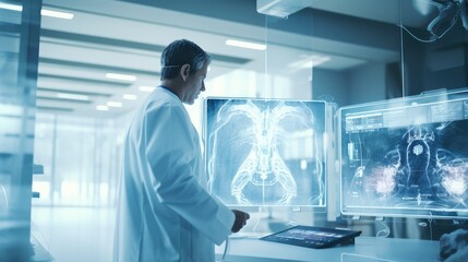 doctor working in futuristic hospital with medical high tech healthcare, surgeon team operation on heart disease and illness on monitor, Generative AI