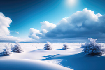 Beautiful winter spacious landscape with small snow-covered trees in a field against a blue sky with clouds. AI generated.