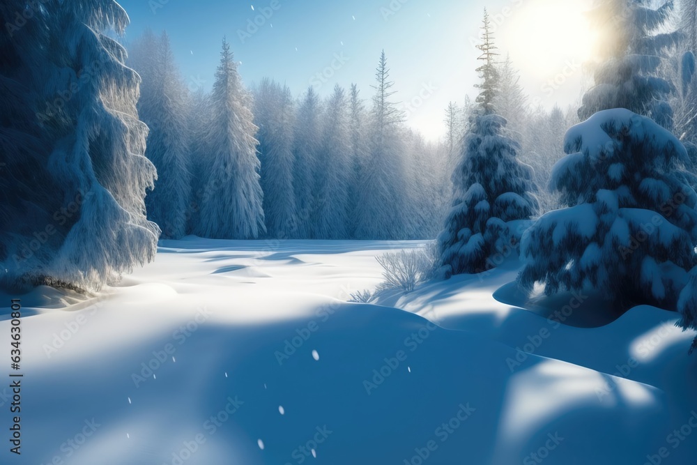 Poster beautiful winter landscape with fir trees in a snowy forest. ai generated.
