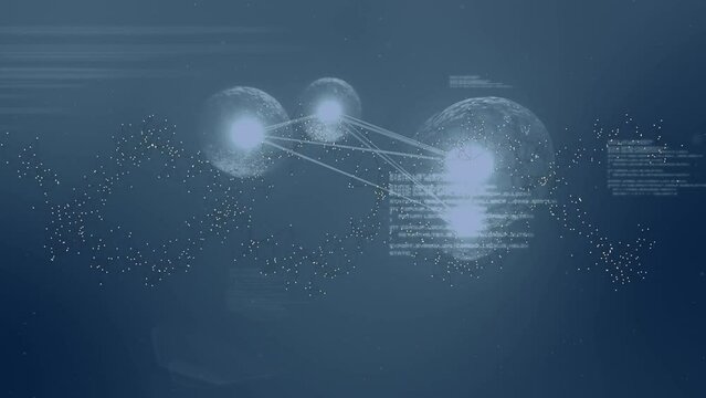 Animation of dots forming dna helix, connected multiplying cells and computer language