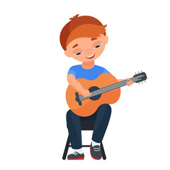 Little boy playing guitar. Musical children, school concert artist vector cartoon illustration