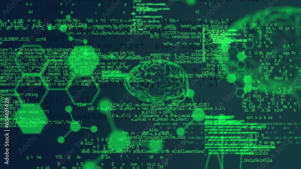 Poster animation of molecule structures, human brains and computer language over black background