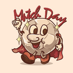 soccer match day mascot concept. funky socer ball with face cartoon character mascot vector illustration
