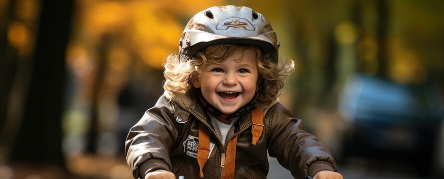 Boy Riding A Bike For The First Time With Training Wheel - Stock Photography