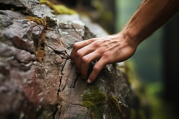 Close-up of a persons hand gripping a rock ledge - stock photography concepts
