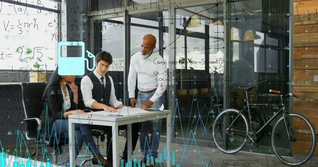 Animation of icons, graphs, mathematical equations, diverse coworkers discussing blueprint in office - Powered by Adobe