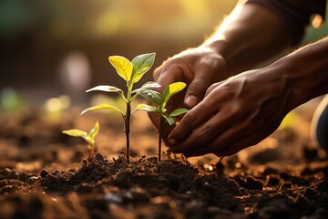 Close-up of a persons hand planting a seed in the soil  - stock photography concepts