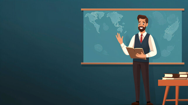 AI generated, World teacher’s day theme. Male teacher standing in front of a blackboard in the classroom, holding a book. Flat simple illustration for happy teacher's day. Copy space available. Congra
