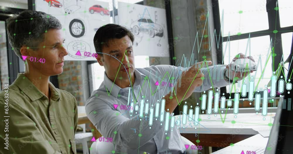 Poster animation of graphs, mathematical equations and diagrams, diverse engineers discussing car model