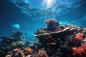 Obraz premium Diver swimming alongside colorful coral reefs - stock photography concepts