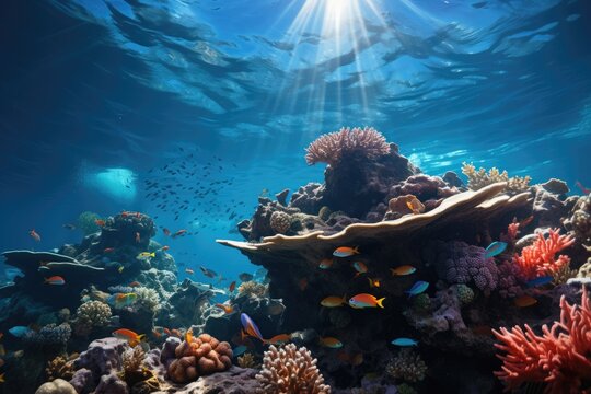 Diver swimming alongside colorful coral reefs - stock photography concepts