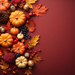 Festive fall decorations with pumpkins, berries, and pine cones on vibrant red background. Created with Generative AI technology