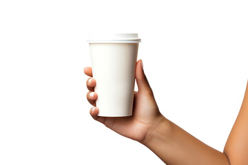 Female hand holding a paper cup for coffee on a white isolated background.Mockup of a disposable cup. Element for design.
