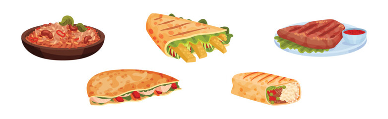 Mexican Traditional Food with Burrito Wrap, Tortilla and Bean Stew Vector Set