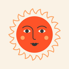 Summer Sun flat icon. Warm shining beams with smiling cheerful face.  Sunshine emoji, positive emotions. Vector illustration