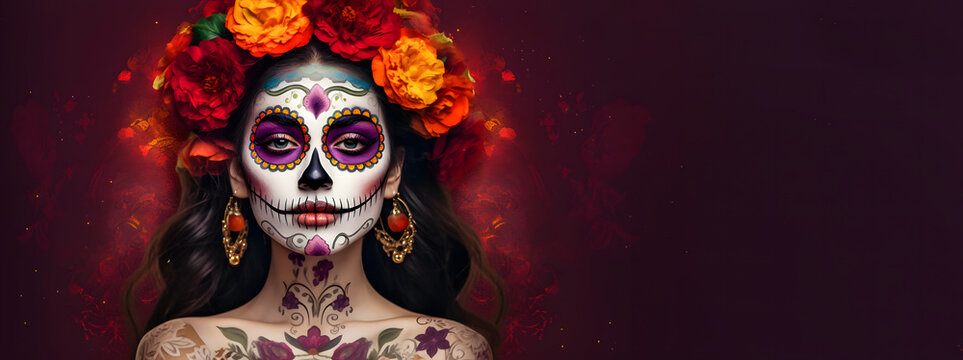 Dia de los  muertos, person masked as calavera. Woman in dia de los muertos. On the left, space on the right for text 