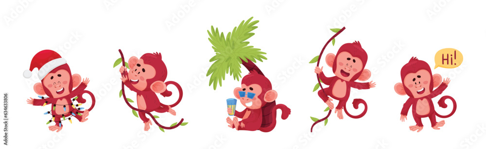 Poster playful monkey character engaged in different activity vector set