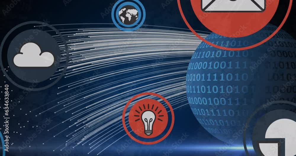 Poster animation of icon in circles, binary codes on globe over dots forming lines over abstract background