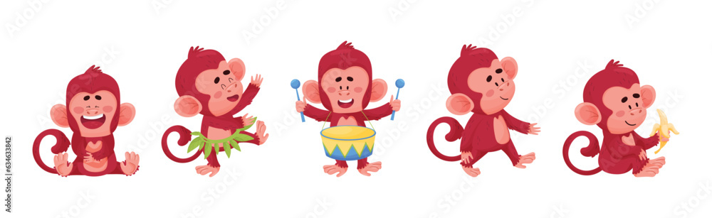 Poster playful monkey character engaged in different activity vector set