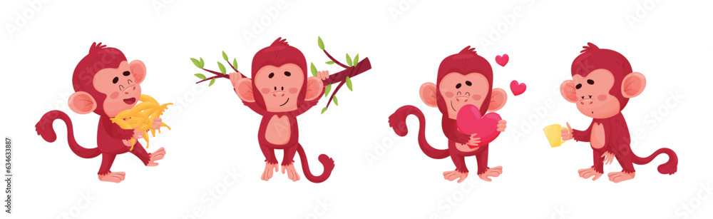 Poster playful monkey character engaged in different activity vector set