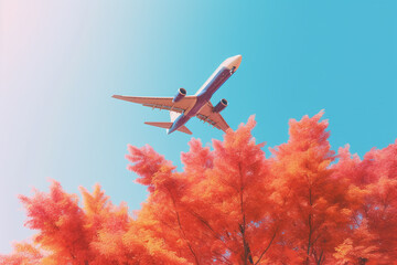 Airplane soaring above vibrant autumn tree with orange leaves. Created with Generative AI technology